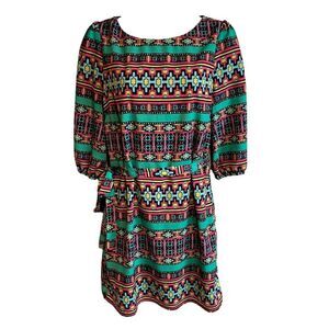 Alya Dress Multicolor BOHO Belted Lined Short Sleeves Aztec Southwestern Size S